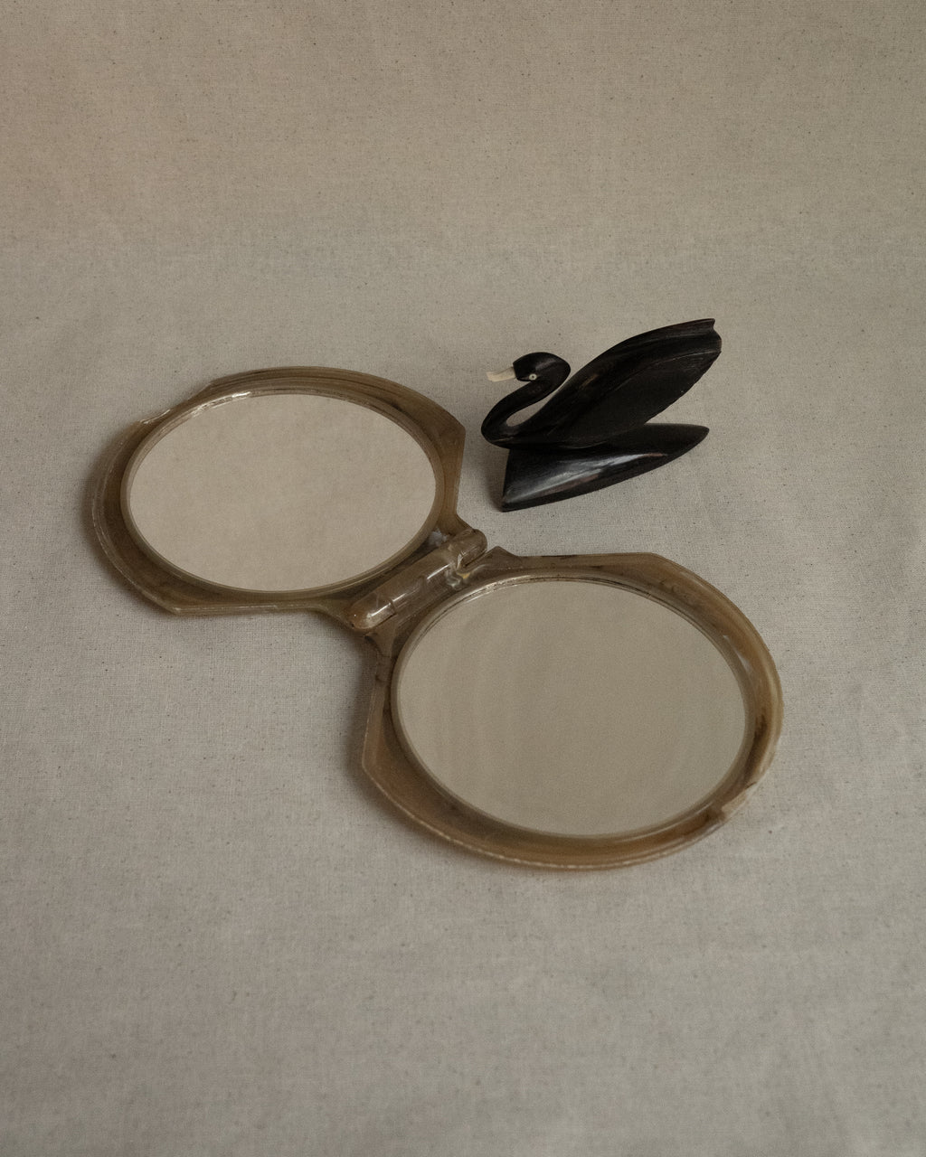 Foldable dual-sided celluloid shell mirror, Made in Japan