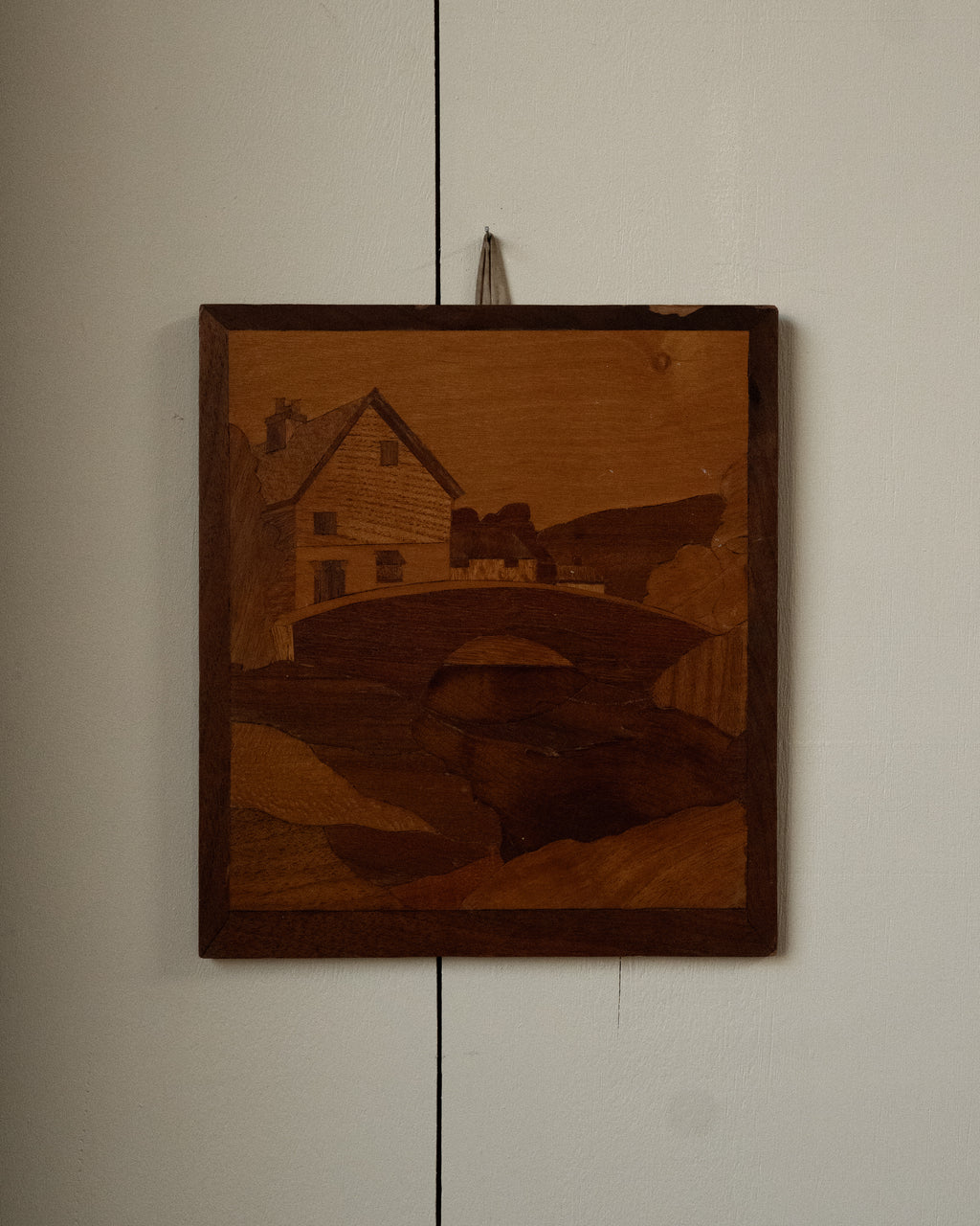 Wood marquetry of landscape wall hanging