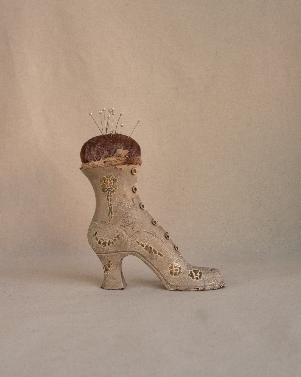 Early 20th century wooden heeled boot pin cushion