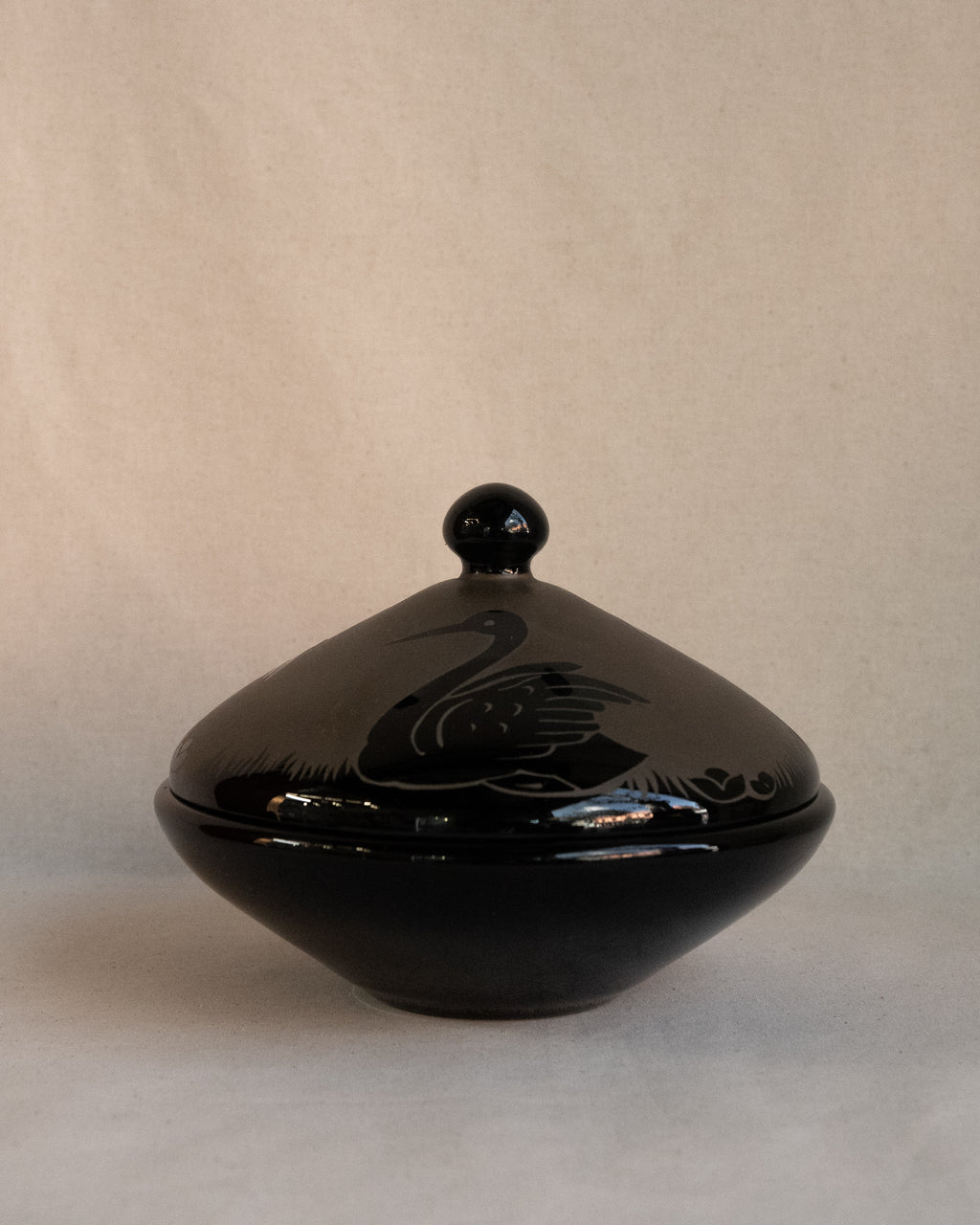 Etched black glass covered bowl with three swans in art nouveau style