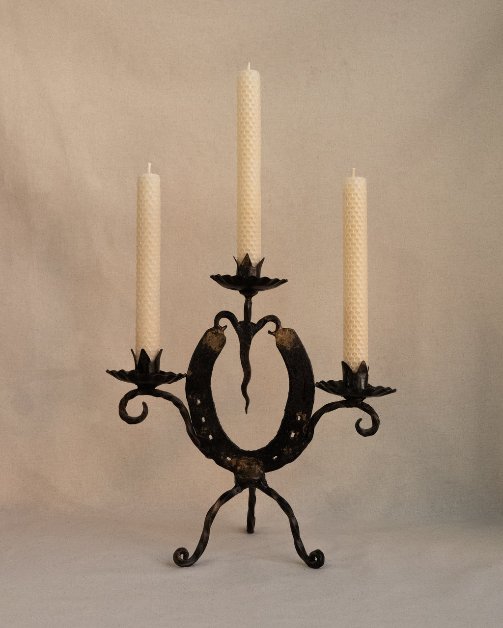 Wrought iron brutalist horseshoe candelabra