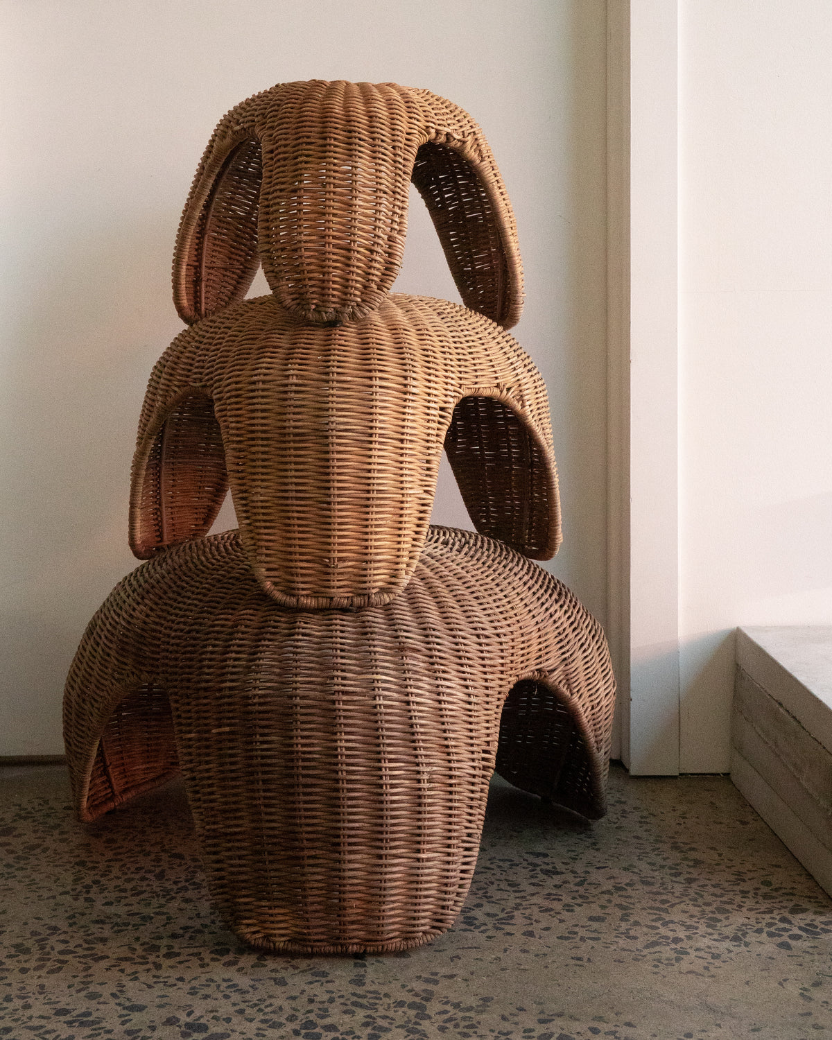 Set of 3 stackable rattan stools