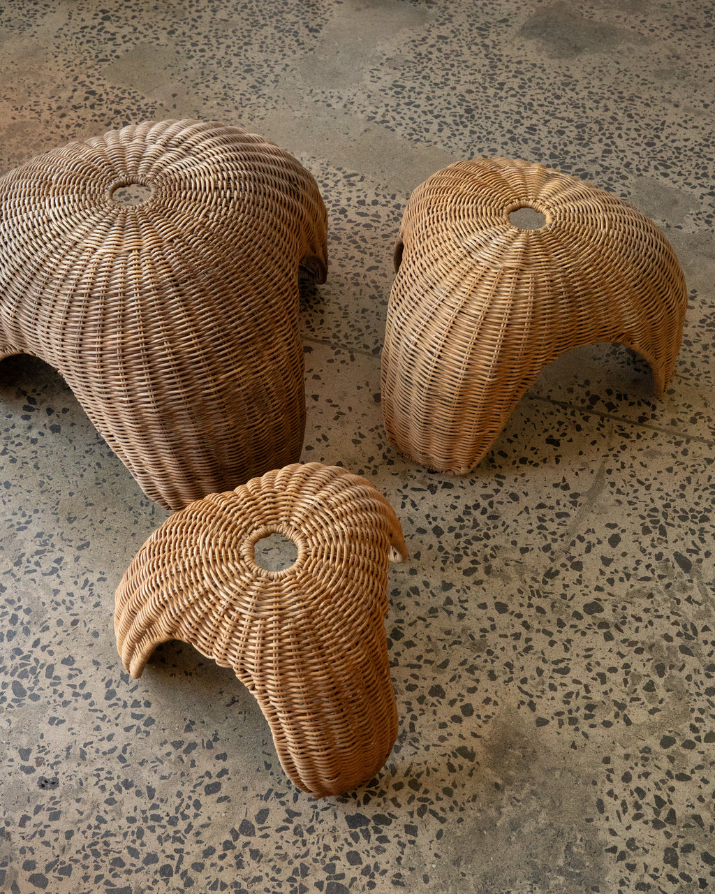 Set of 3 stackable rattan stools