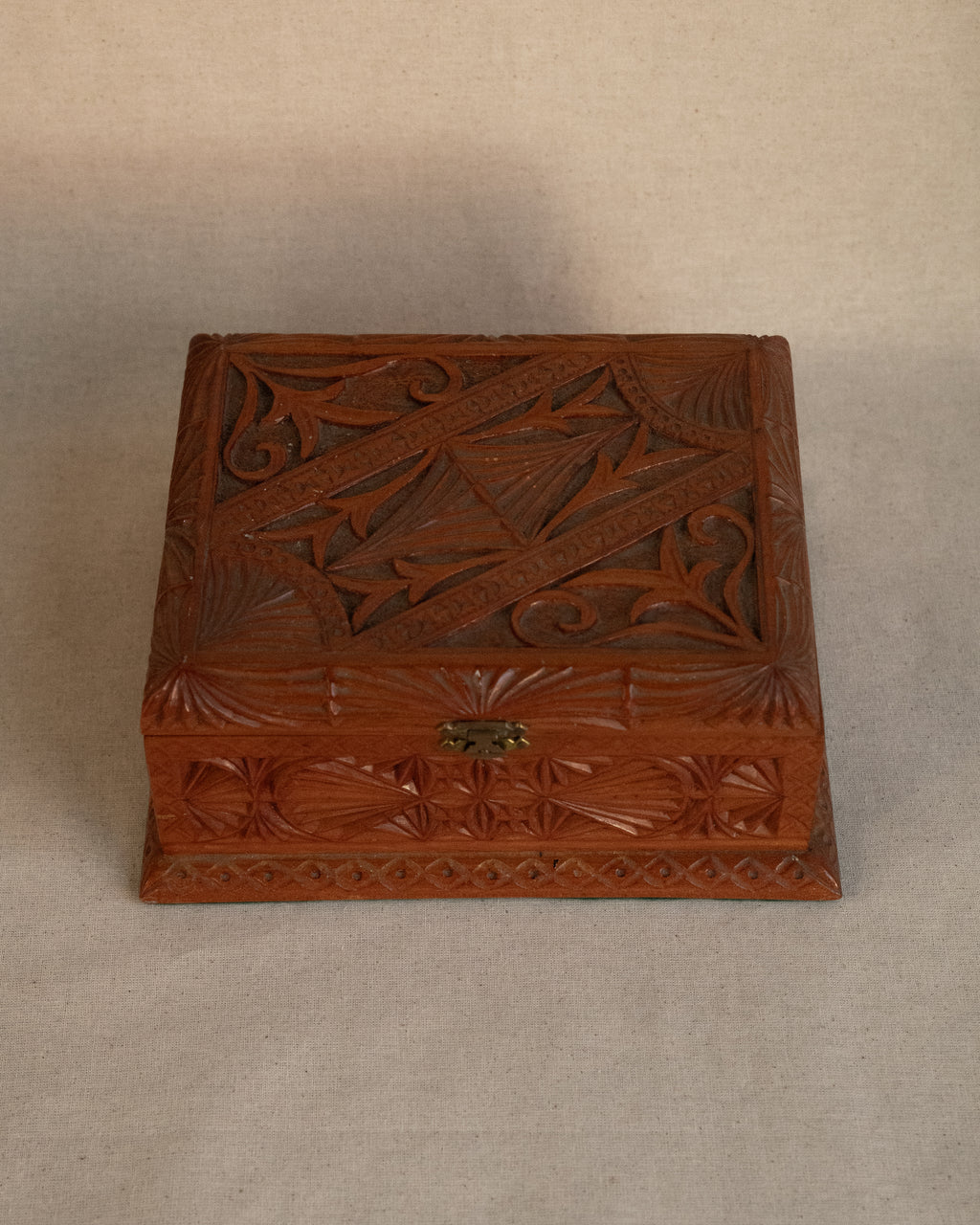 Chip carve wooden box with red velvet feel lining