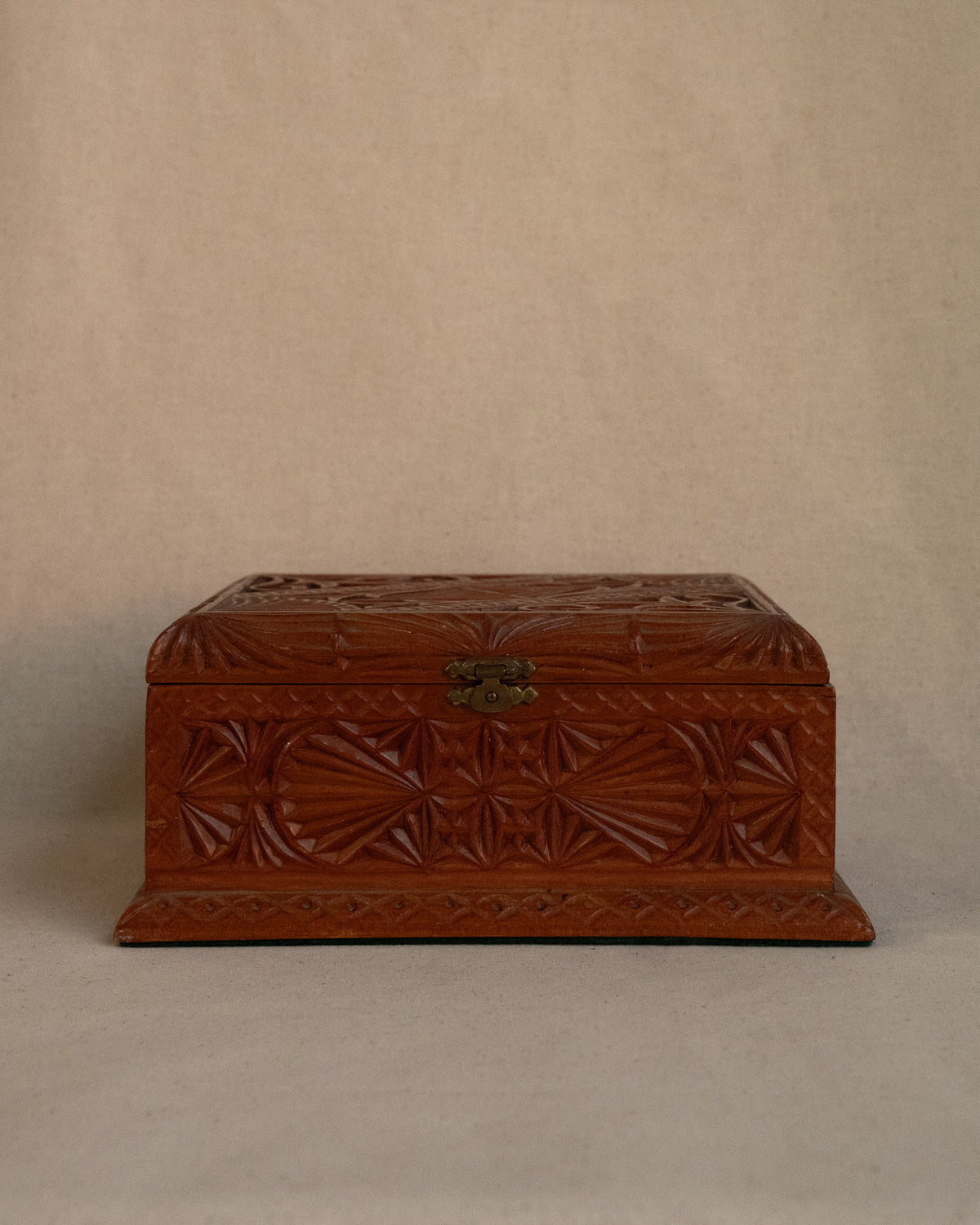 Chip carve wooden box with red velvet feel lining