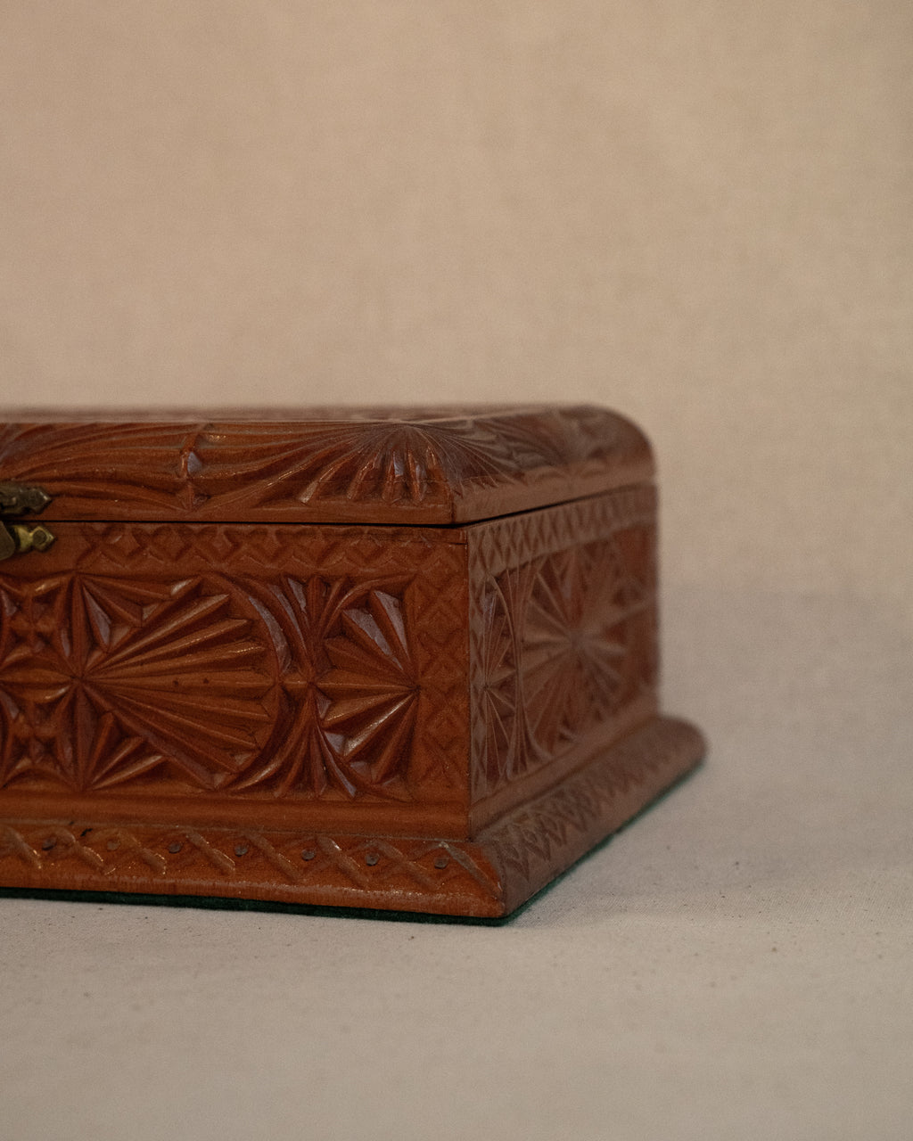 Chip carve wooden box with red velvet feel lining