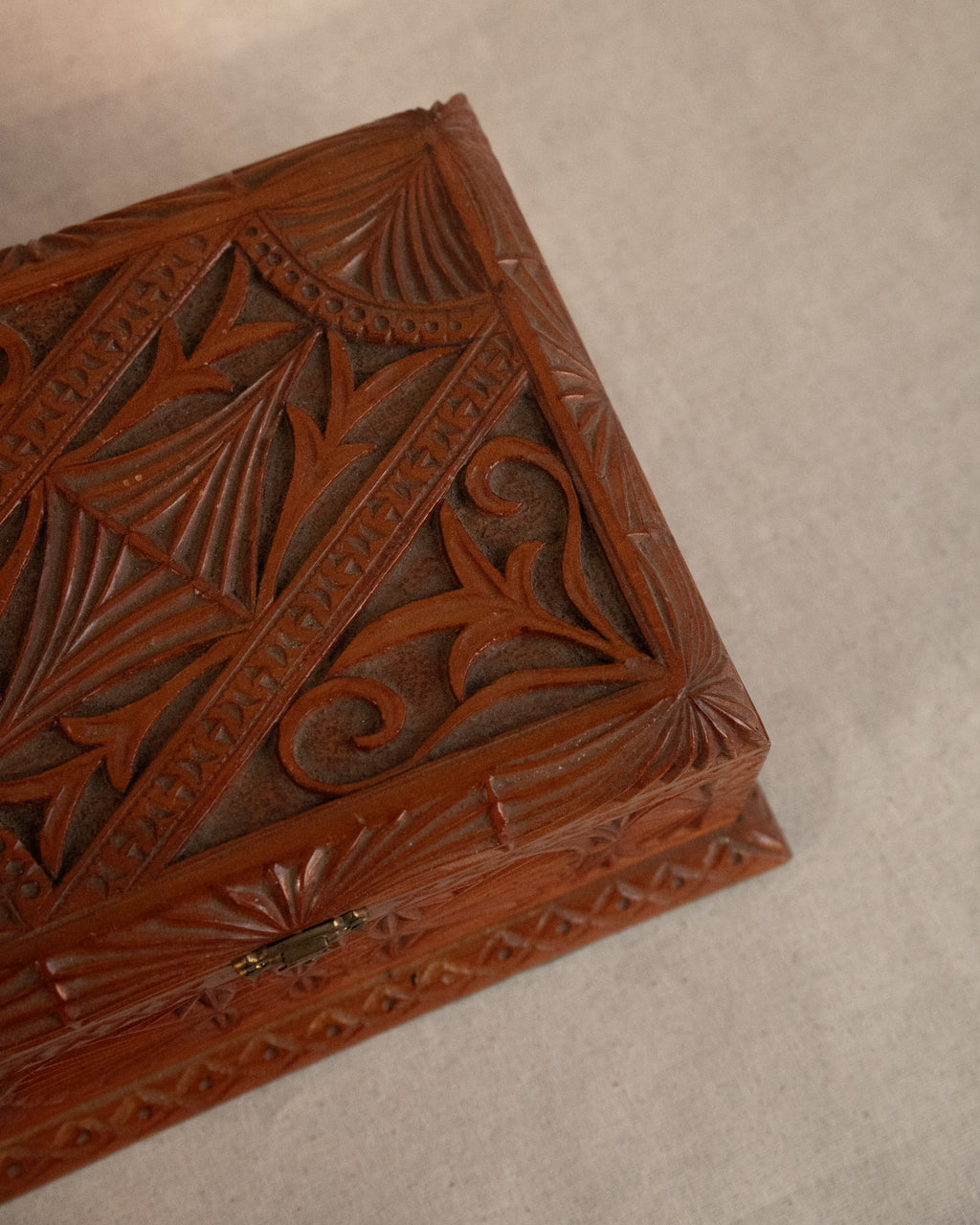 Chip carve wooden box with red velvet feel lining