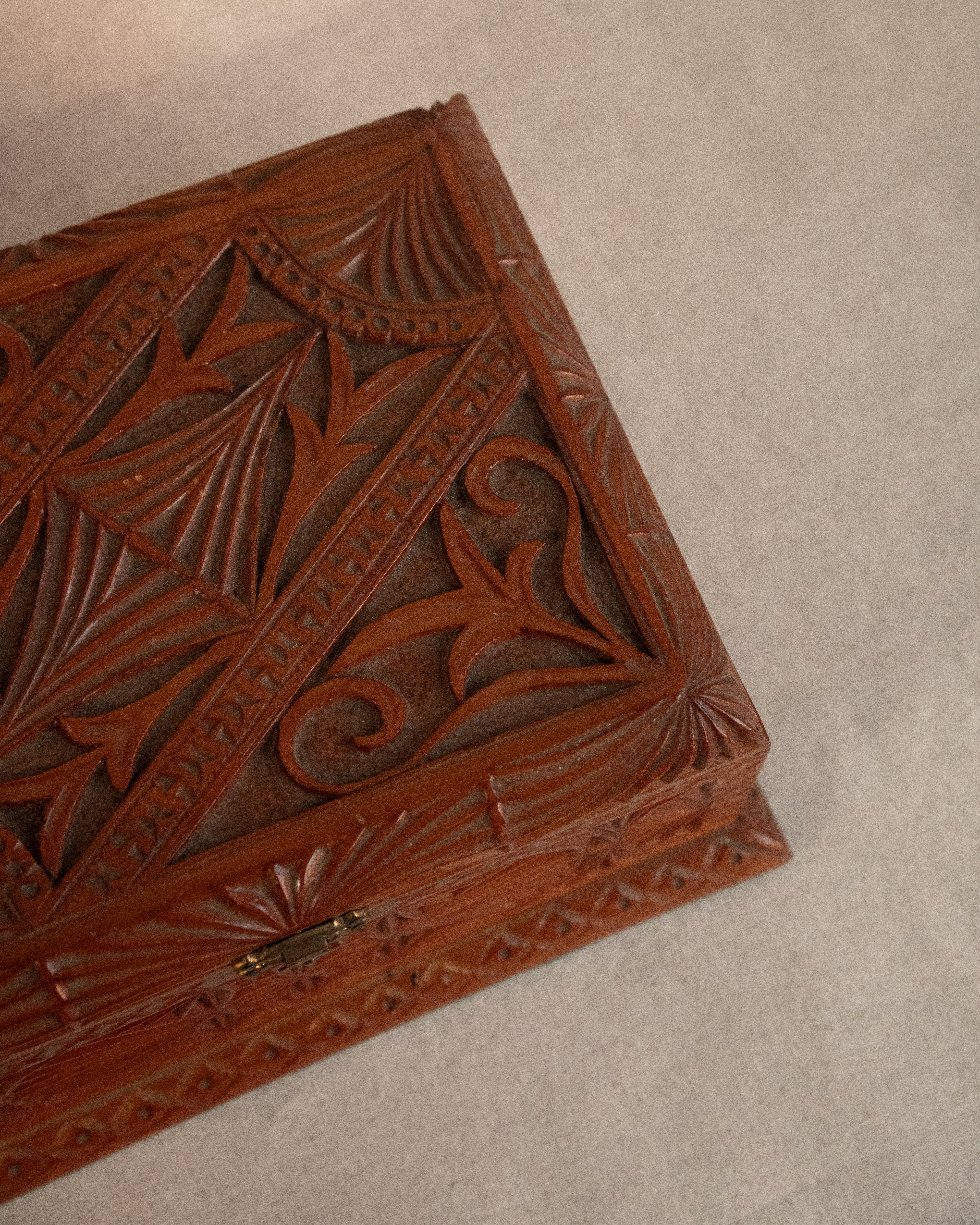 Chip carve wooden box with red velvet feel lining