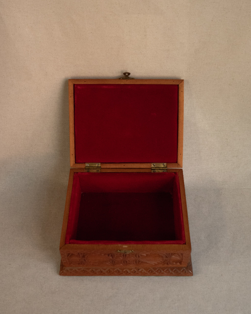 Chip carve wooden box with red velvet feel lining
