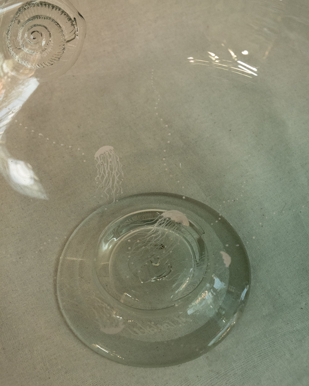 Art glass bowl with shells and etchings of jellyfish, Made by Adelaide based glass blower Meg Caslake
