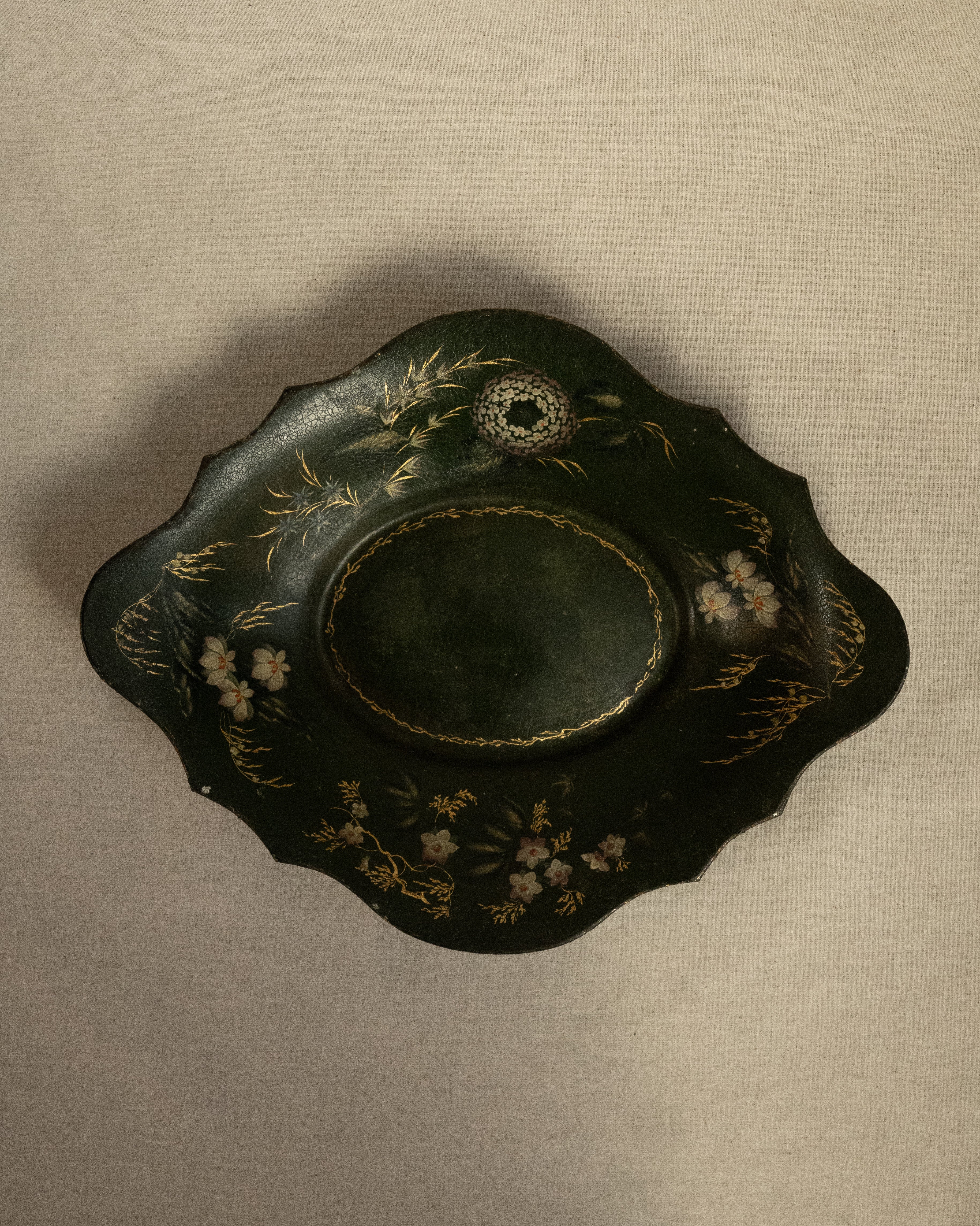 French green hand painted metal dish