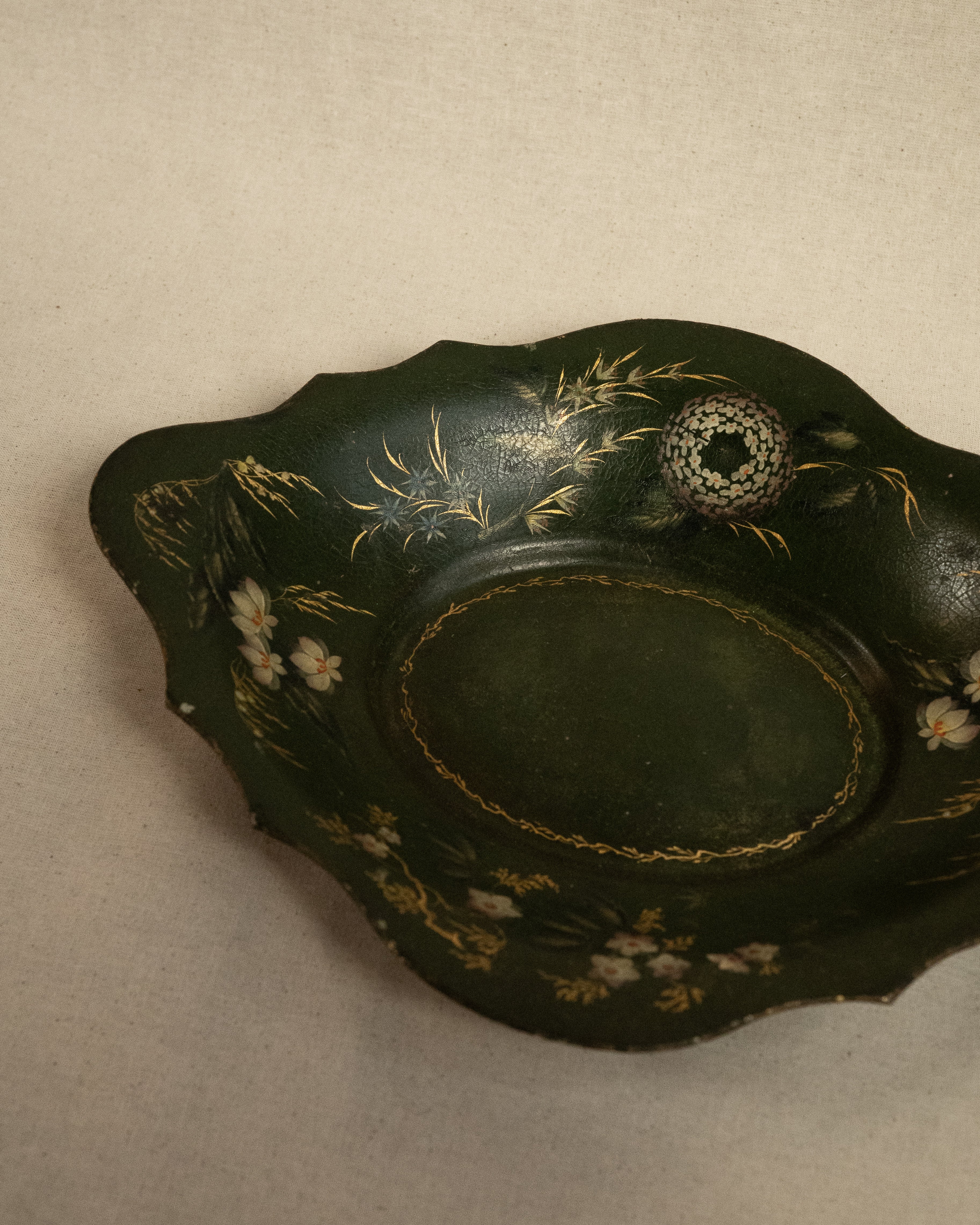 French green hand painted metal dish