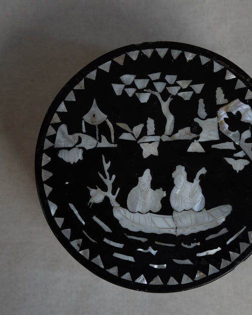 Chinese wooden box with mother of pearl inlay and engravings