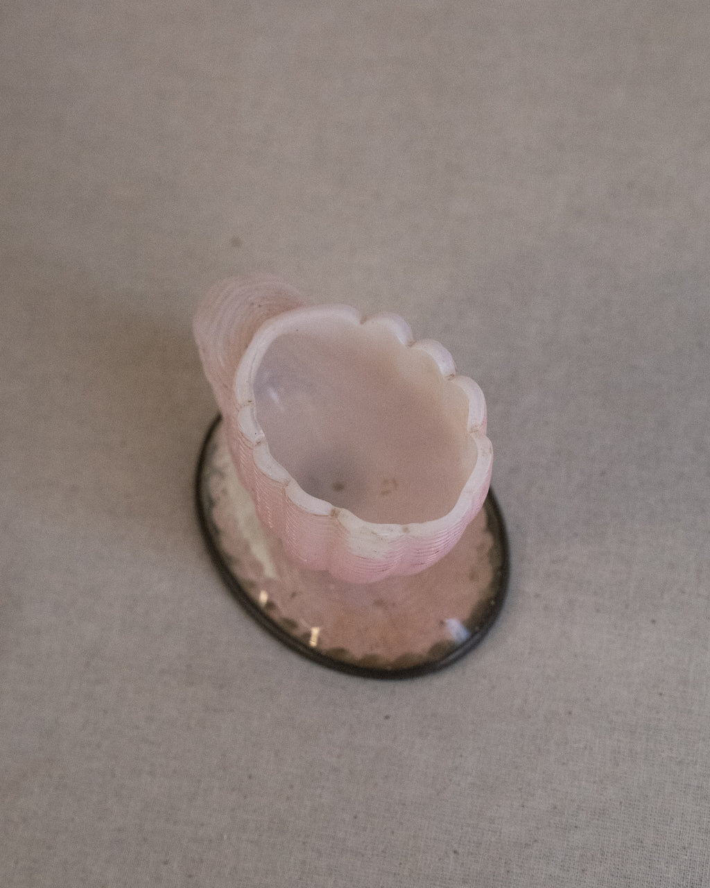Late 19th century victorian pink opalescent glass shell spill vase on mirrored base