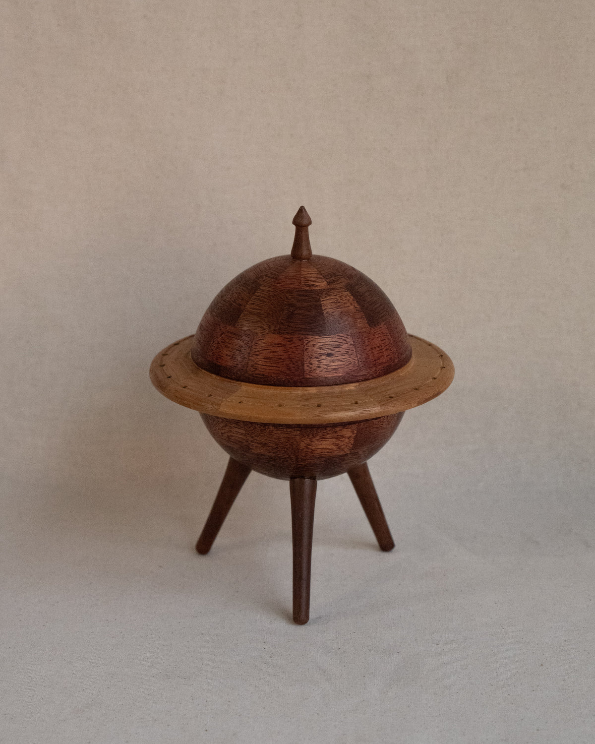 Wood inlaid raised ringed planet container