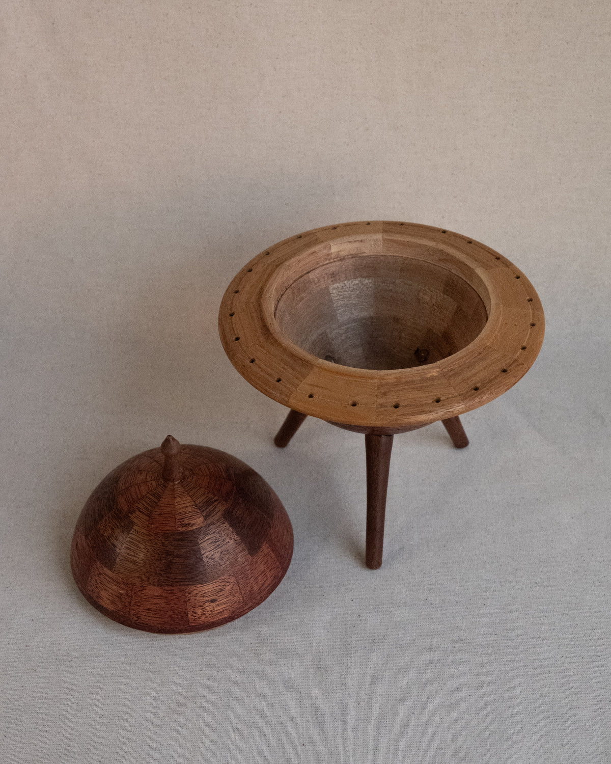 Wood inlaid raised ringed planet container