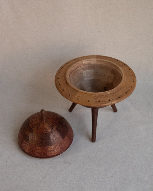 Wood inlaid raised ringed planet container