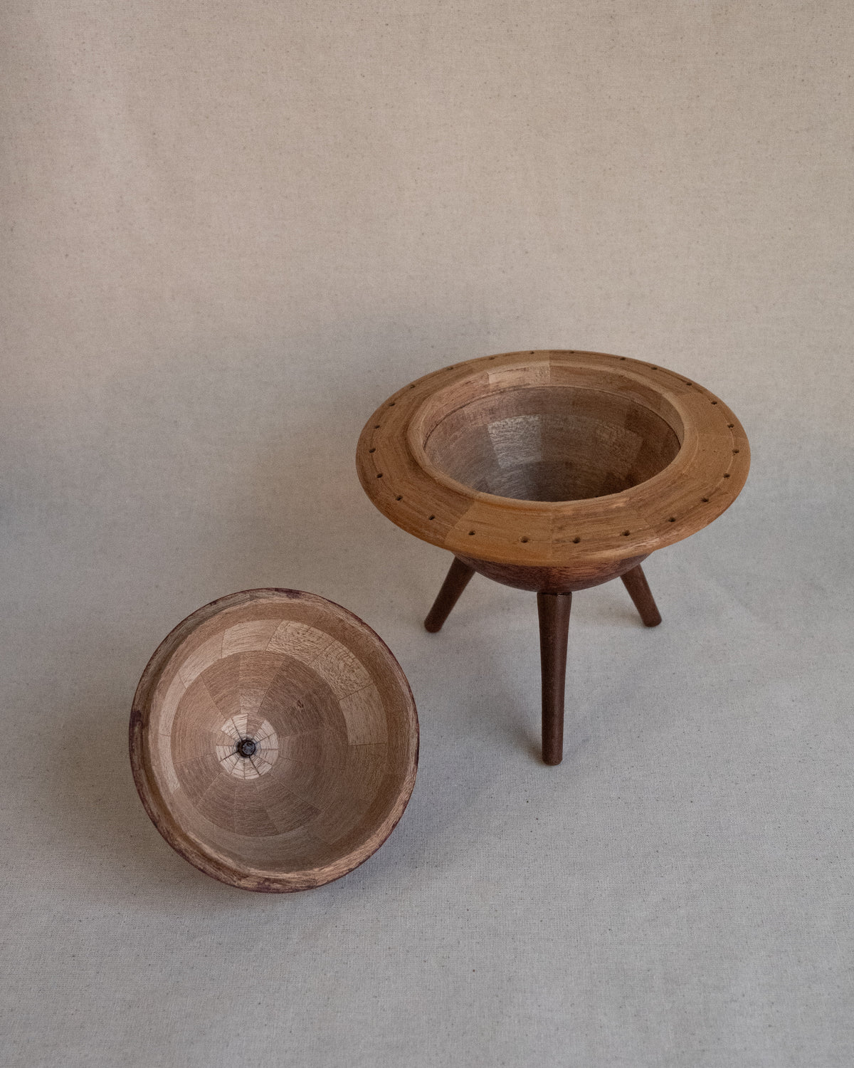 Wood inlaid raised ringed planet container