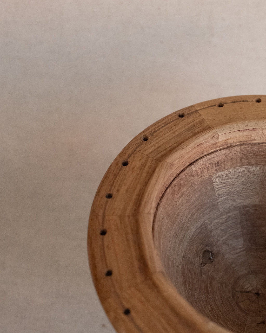 Wood inlaid raised ringed planet container