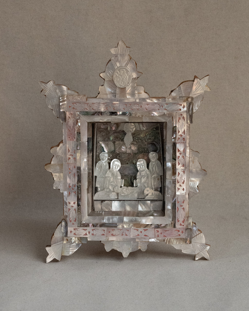 c1940s carved mother of pearl & abalone shell frame nativity scene