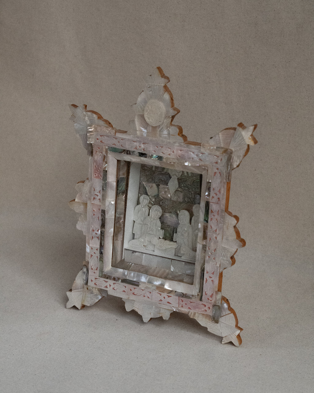 c1940s carved mother of pearl & abalone shell frame nativity scene