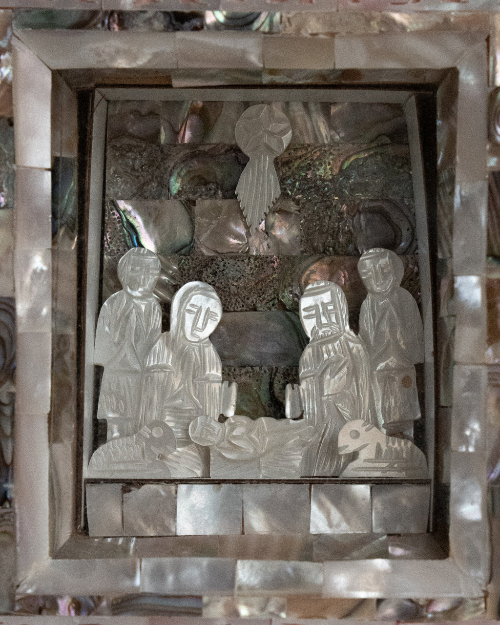 c1940s carved mother of pearl & abalone shell frame nativity scene