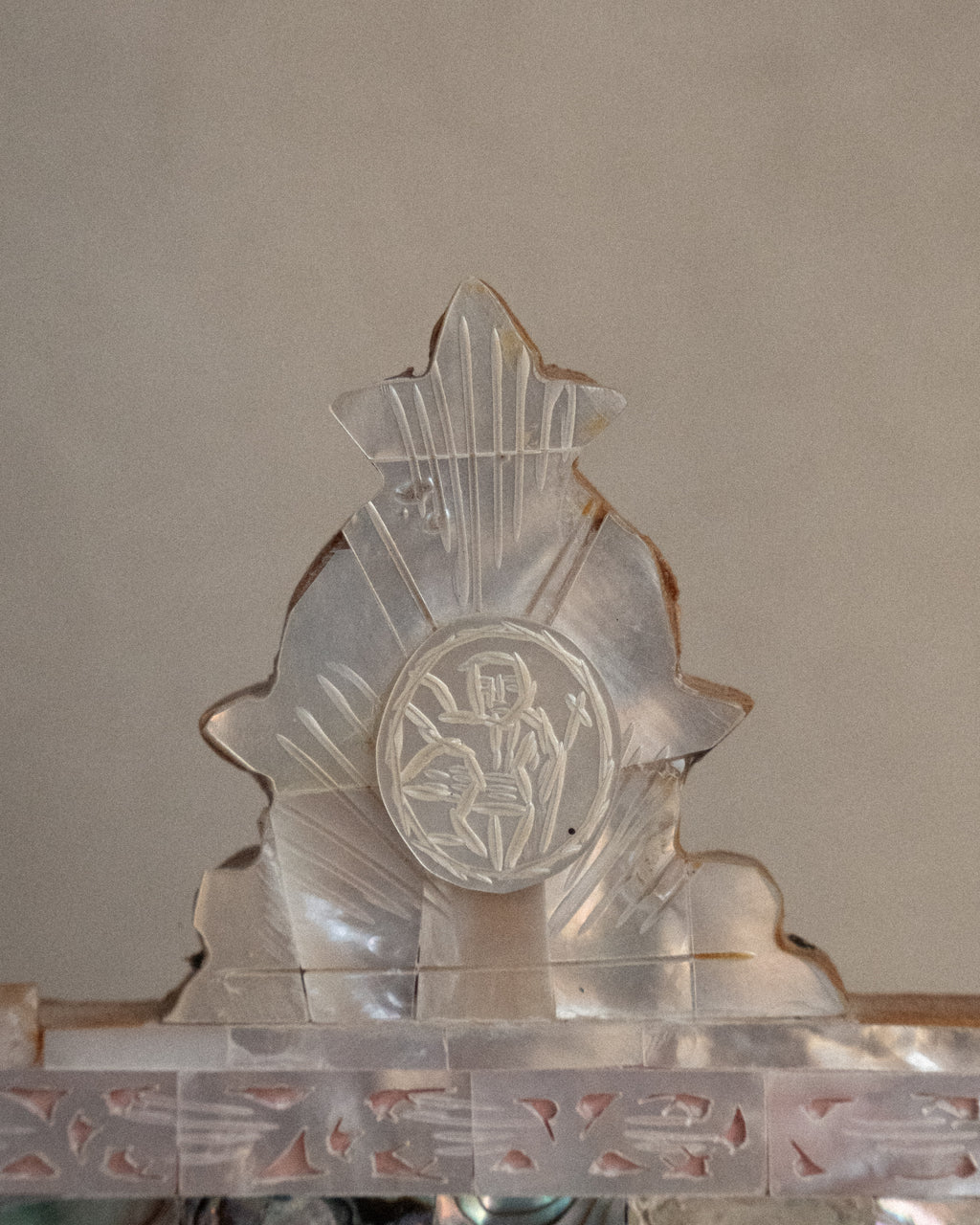 c1940s carved mother of pearl & abalone shell frame nativity scene