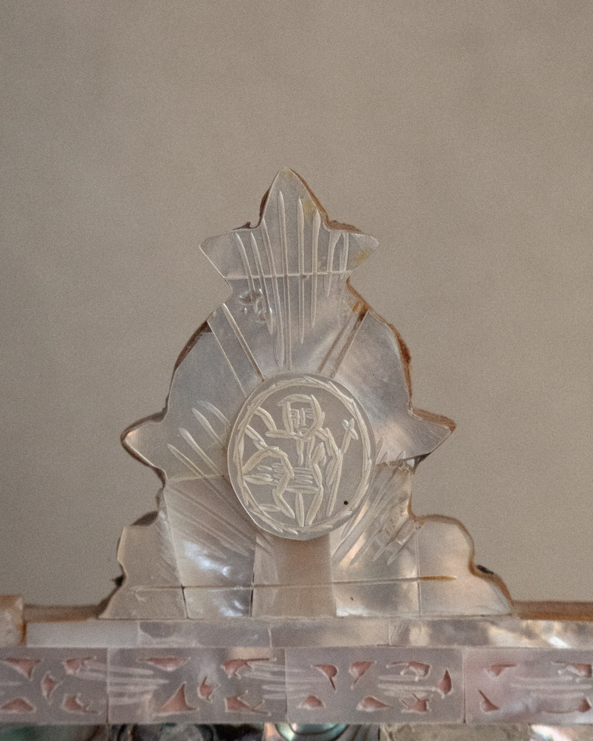 c1940s carved mother of pearl & abalone shell frame nativity scene