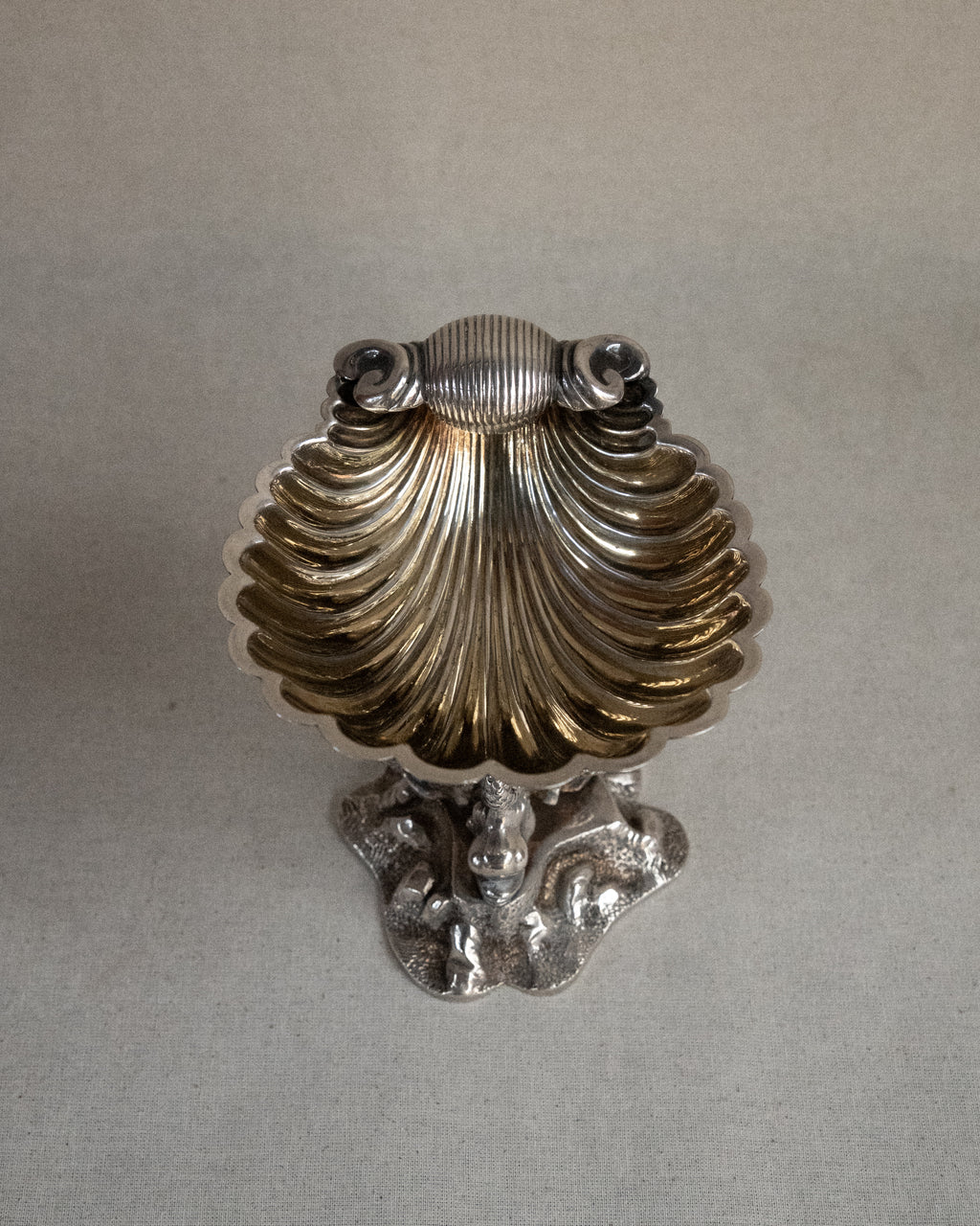 Silver plated shell dish with dolphins