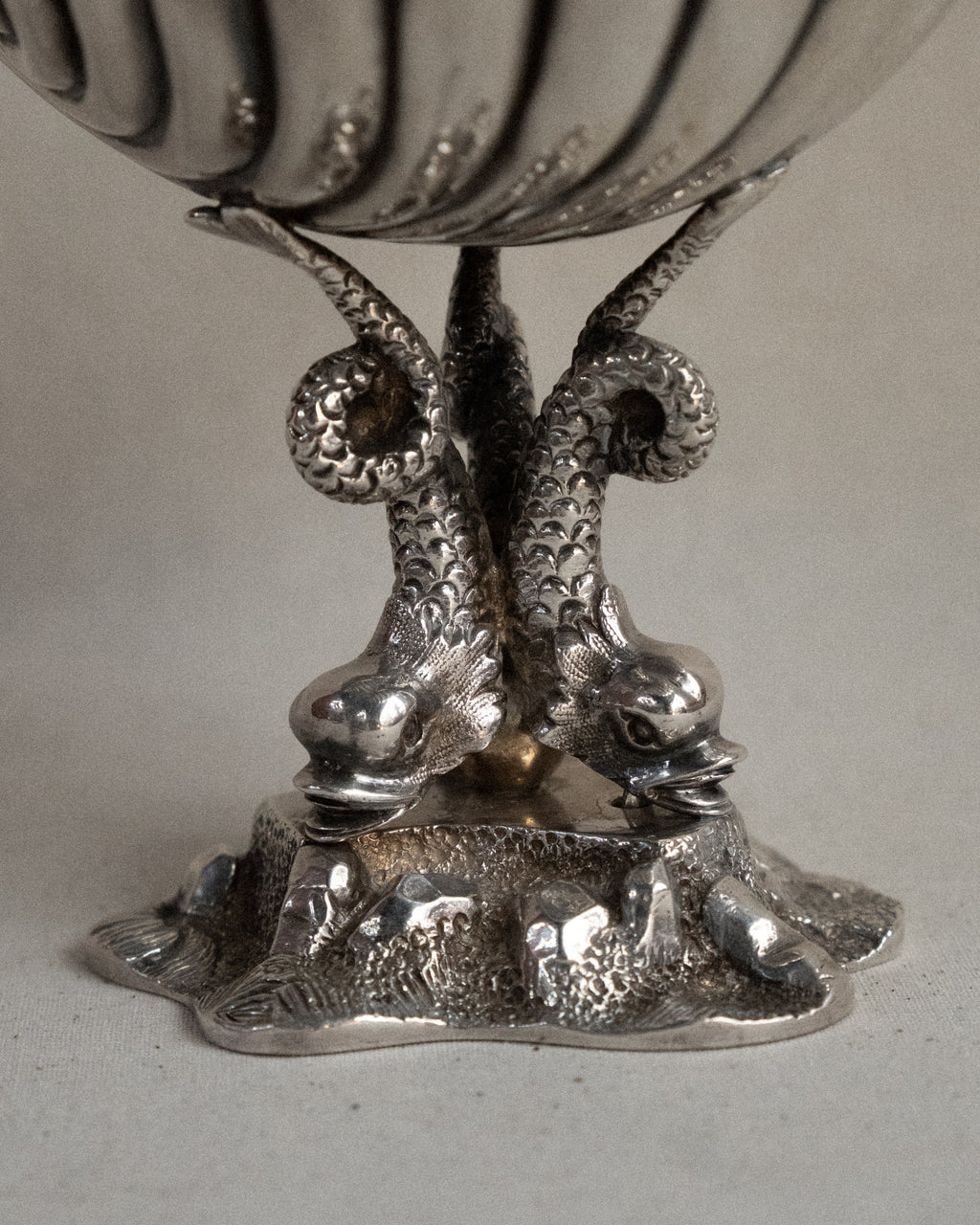 Silver plated shell dish with dolphins