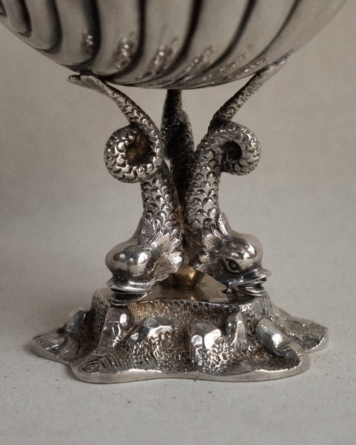 Silver plated shell dish with dolphins