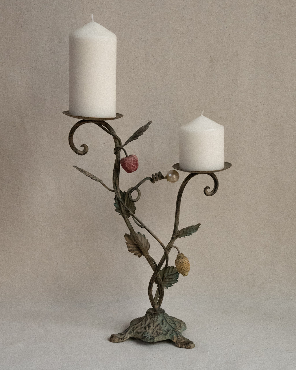 French toleware candelabra with faux pearl, cherry and lemon