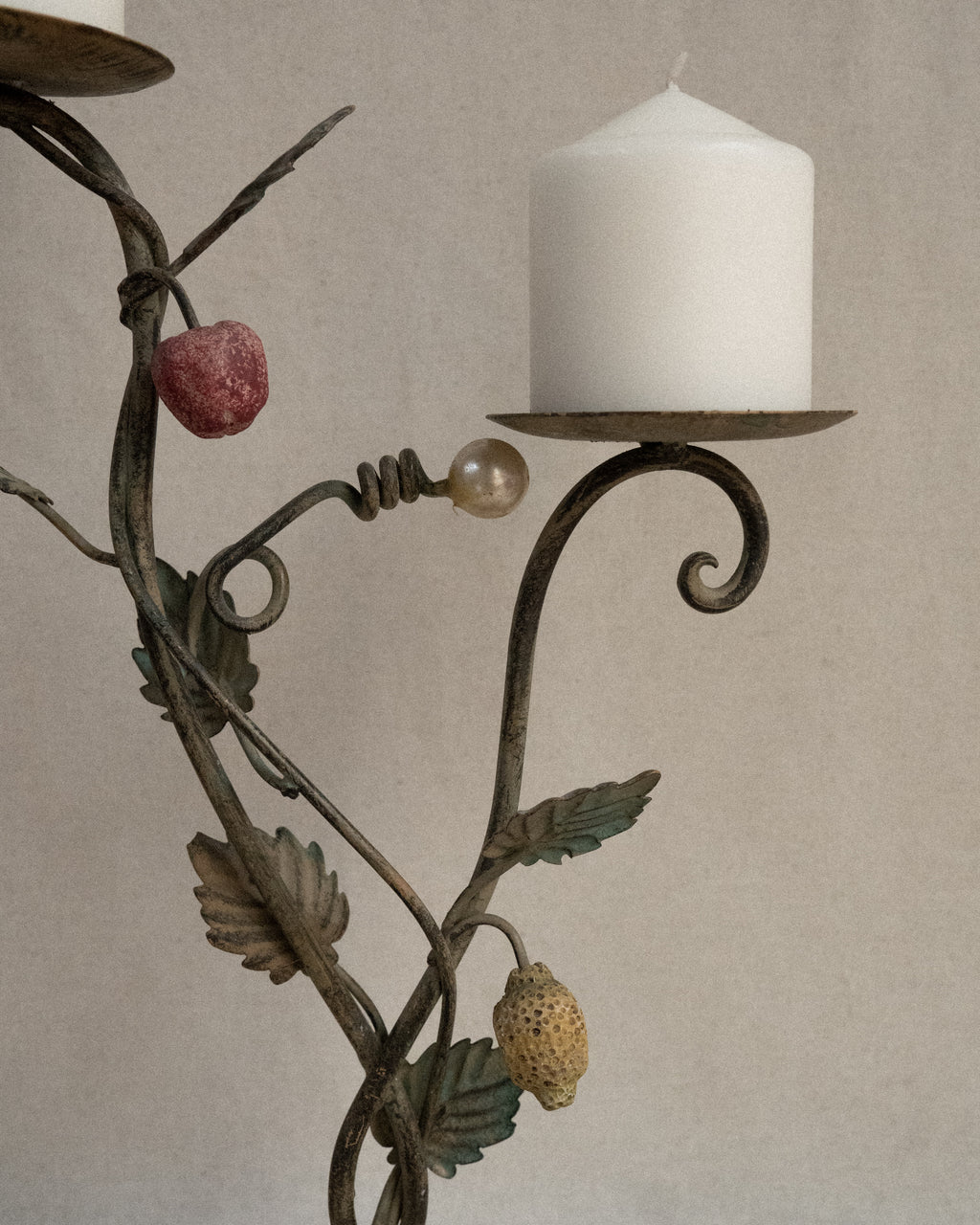 French toleware candelabra with faux pearl, cherry and lemon