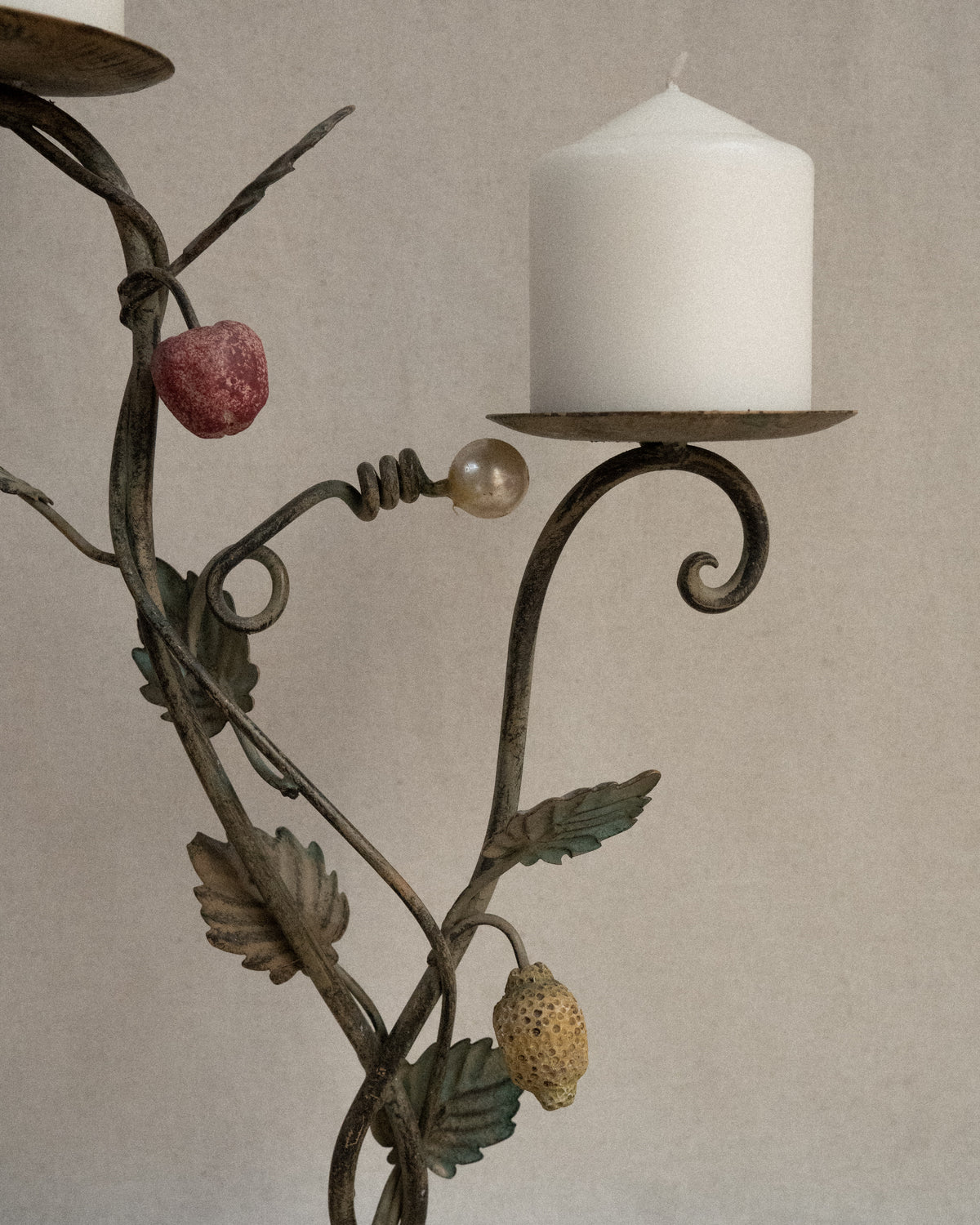 French toleware candelabra with faux pearl, cherry and lemon