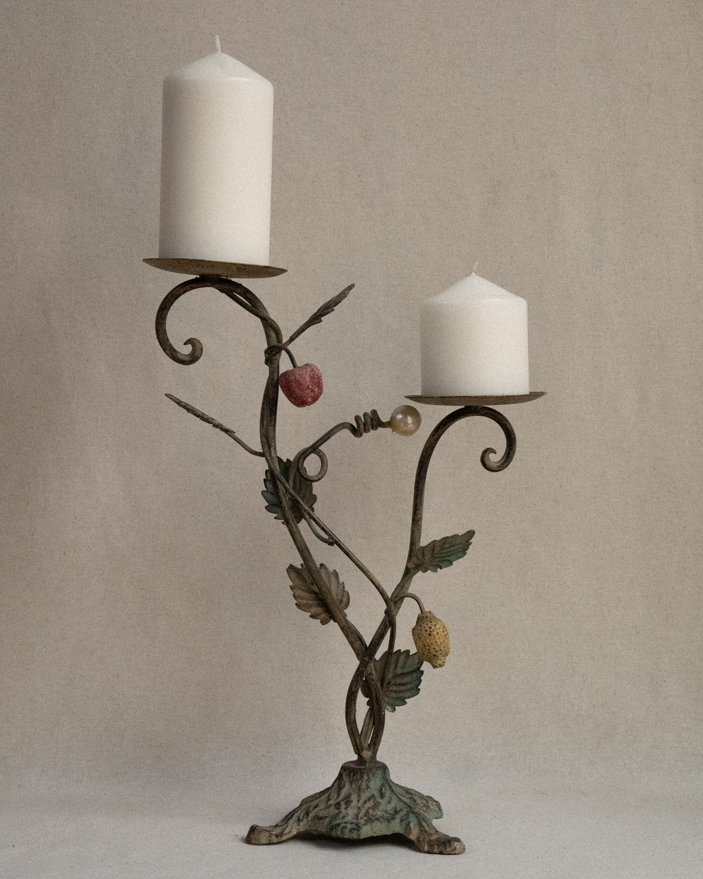 French toleware candelabra with faux pearl, cherry and lemon