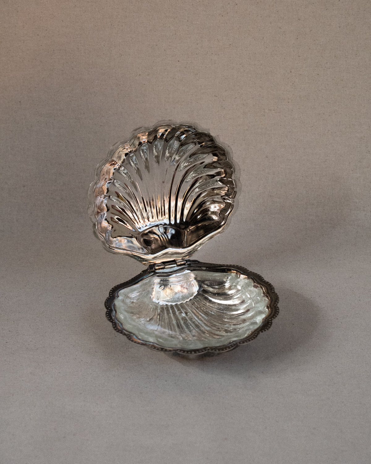 c1950s Italian silver plated clam shell dish with glass insert
