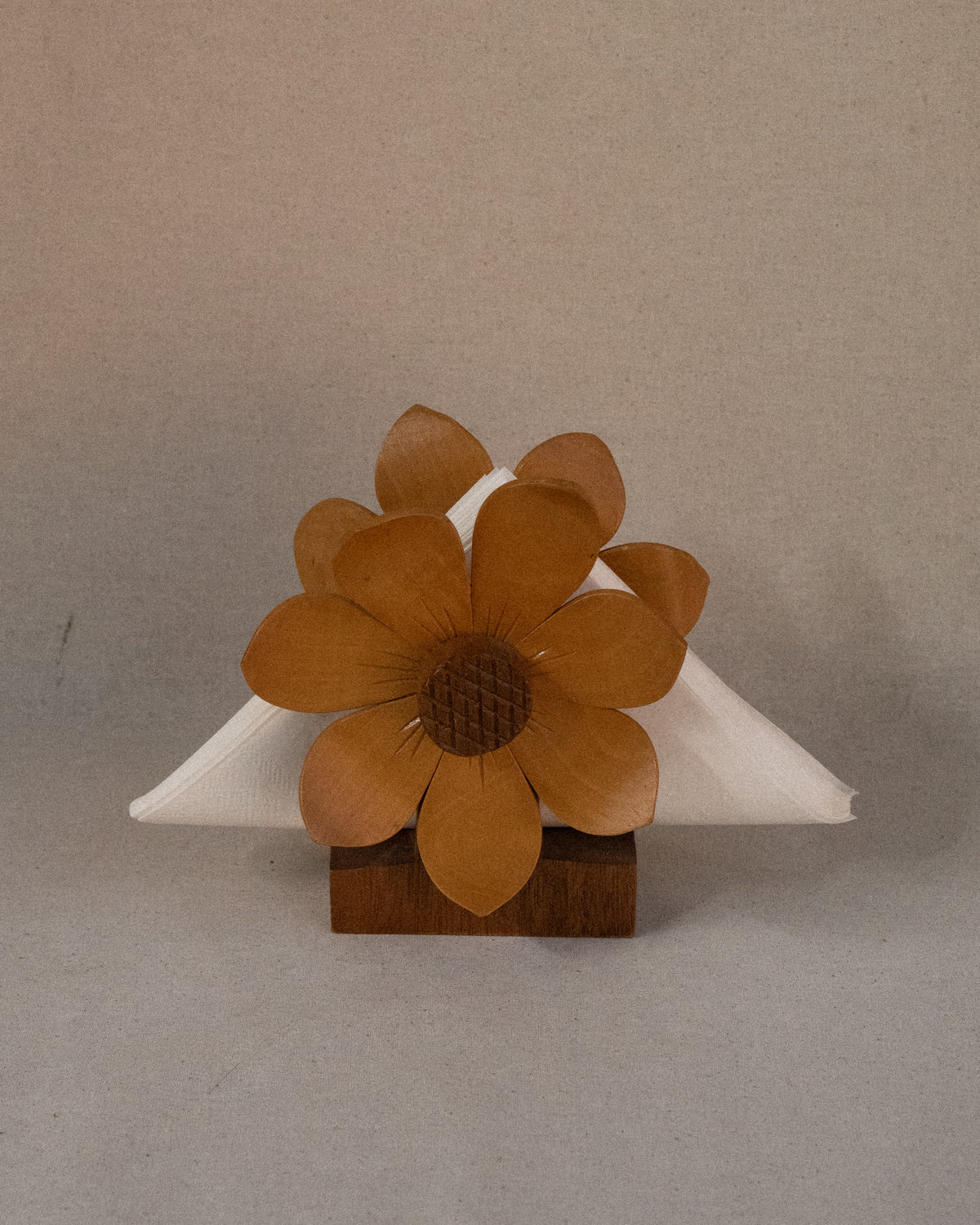 Dual sided carved wooden sunflower napkin holder