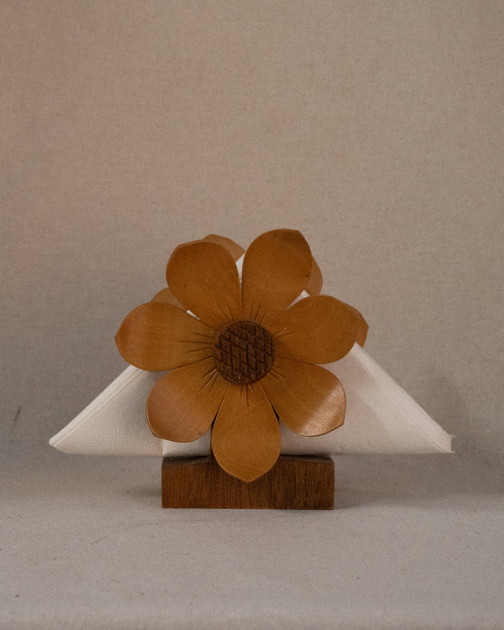 Dual sided carved wooden sunflower napkin holder