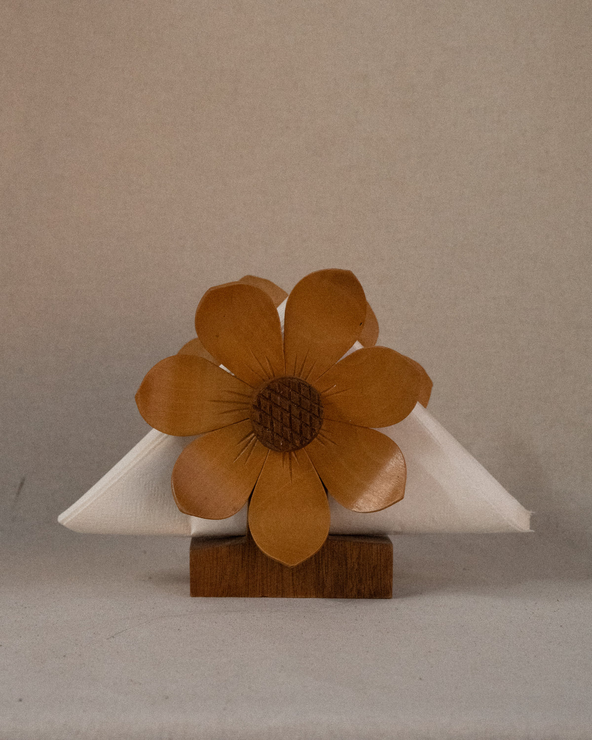 Dual sided carved wooden sunflower napkin holder