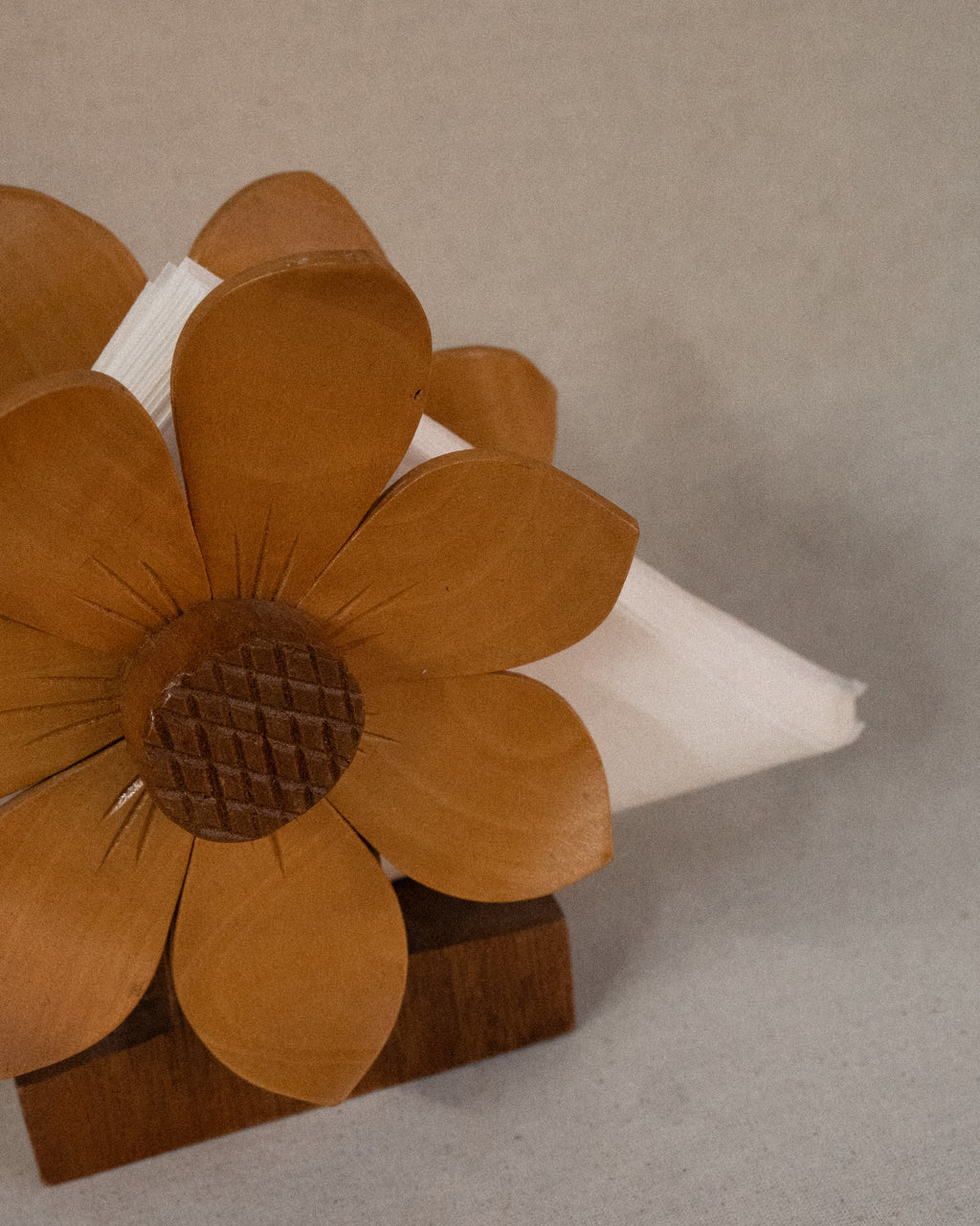 Dual sided carved wooden sunflower napkin holder