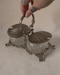 Silver plated shell condiment tray with handle and two glass bowl inserts