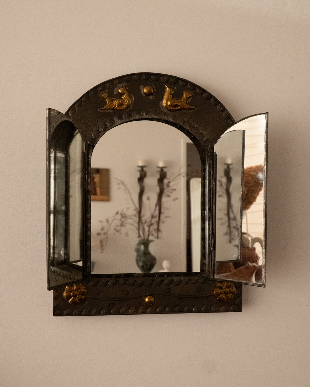 Mexican folk art punched tin mirror with doors