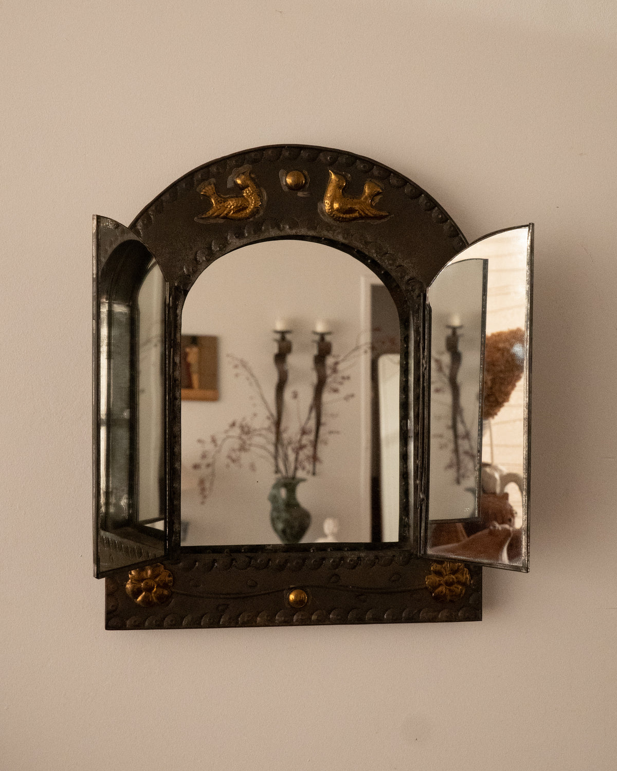 Mexican folk art punched tin mirror with doors