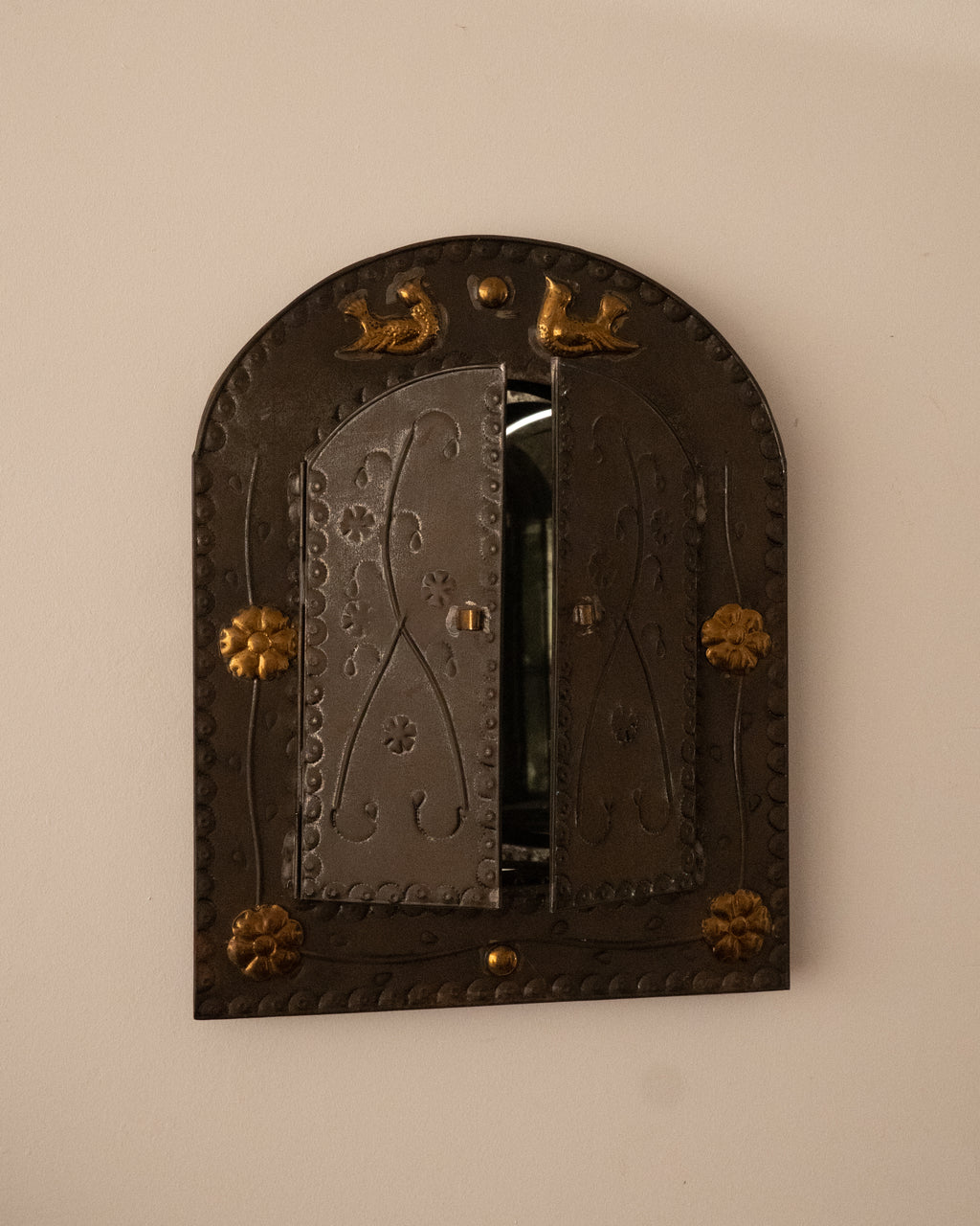 Mexican folk art punched tin mirror with doors