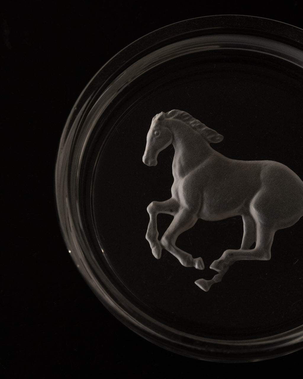 Intaglio glass horse ashtray dish