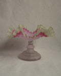 Late 19th century victorian opalescent art glass pedestal compote with pink and yellow/green art glass ruffled edges