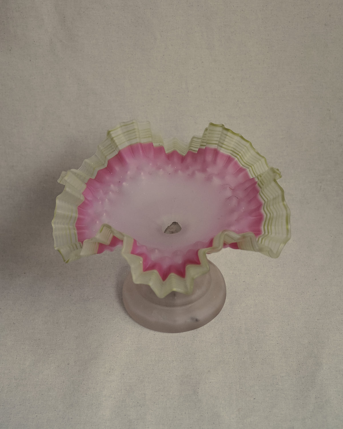 Late 19th century victorian opalescent art glass pedestal compote with pink and yellow/green art glass ruffled edges