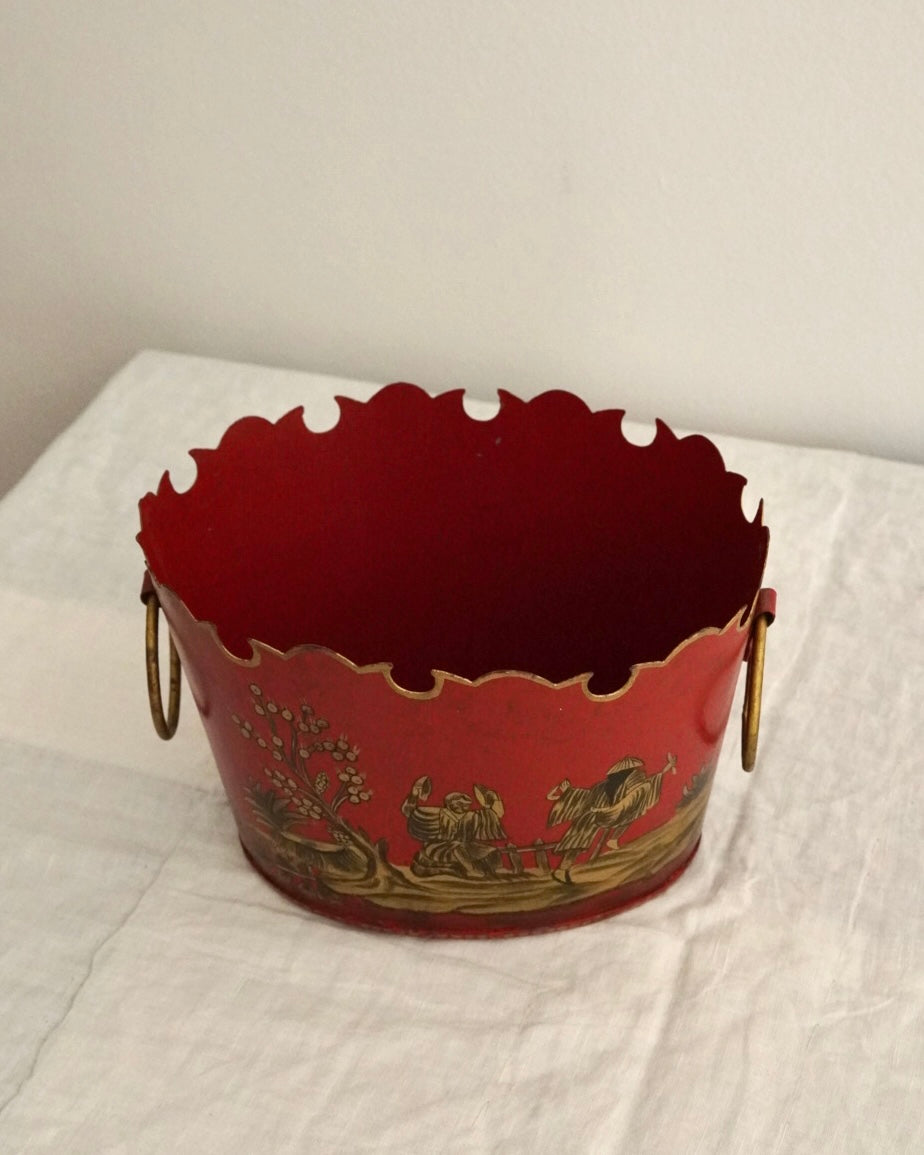 Chinese artwork on red background metal basket with handles
