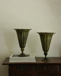 Pair of verdigris scalloped brass vases