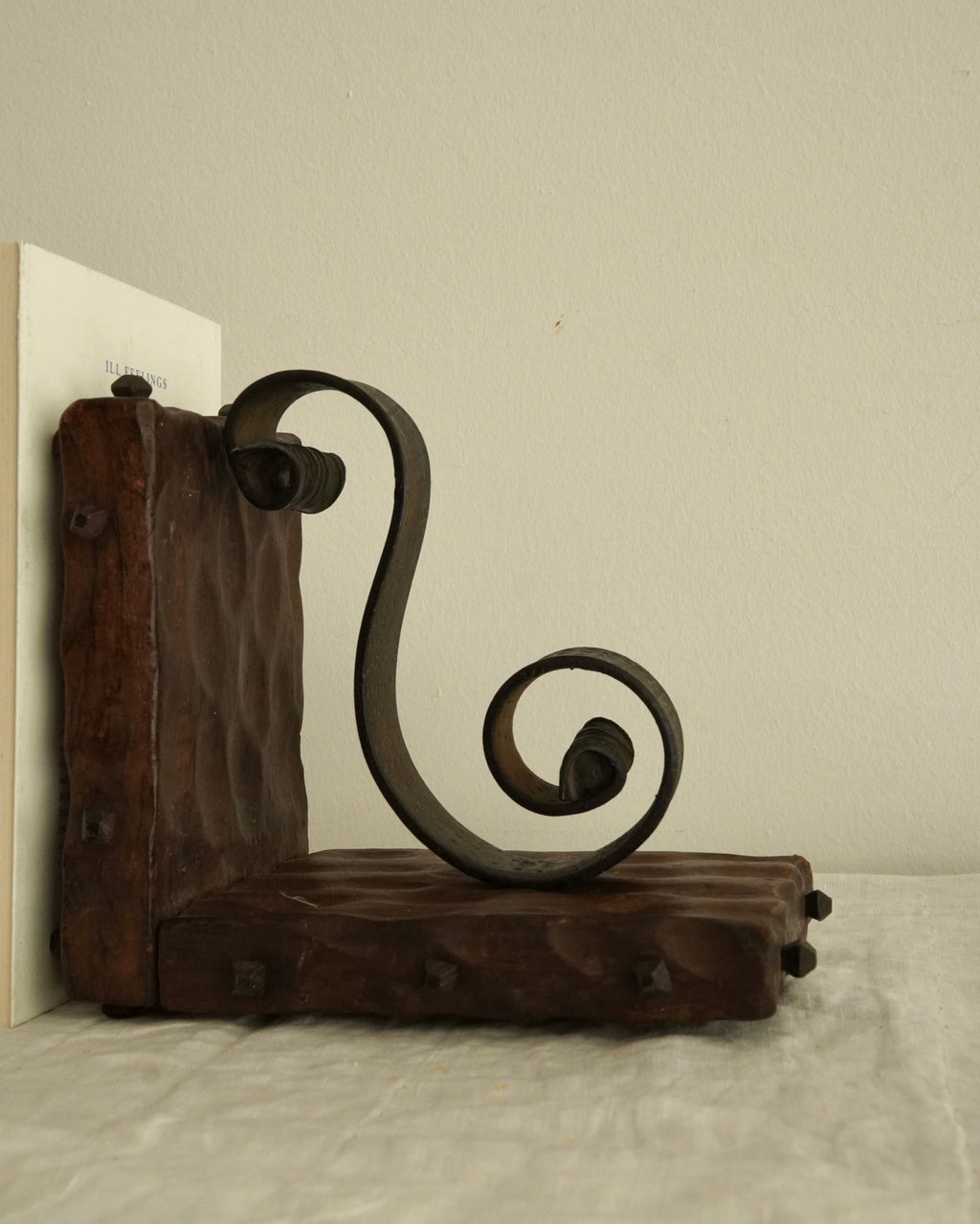 Pair of brutalist wood and metal spiral bookends